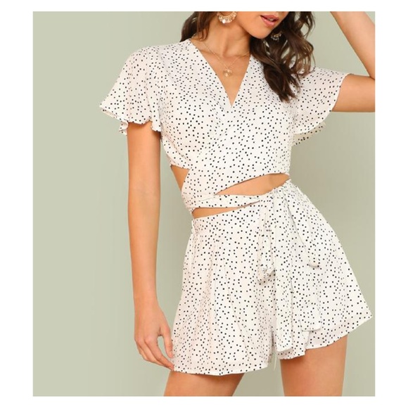 MBM Unlimited Dresses & Skirts - White Black Flutter Sleeve Wrap Top Shorts Set